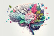 © ita_tinta_ - Human brain with spring colorful flowers. Concept of mental health, self care, happiness, harmony, positive thinking, creative mind. Generative ai.
