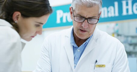 Wall Mural - Pharmacist, man and customer in pharmacy with medicine, pills or medication. Healthcare, senior and woman with doctor shopping for drugs, medical product and helping in pharmaceutical retail store.