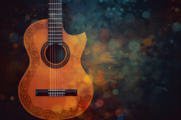 Abstract background illustration of a acoustic guitar with grunge noise and colorful texture. Music industry theme. Generative AI