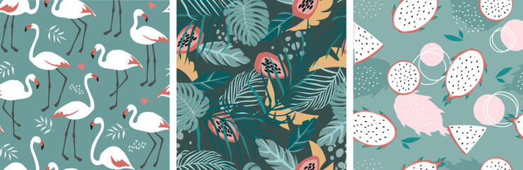  Set of contemporary natural seamless pattern with flamingo bird, tropical leaves and fruits. Vector graphics.
