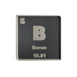 boron chemical element black and metal icon with atomic mass and atomic number. 3d render illustration.
