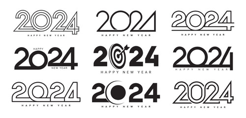 Collection of Happy New Year 2024 symbols. Vector illustration with black numbers 2024 isolated on white background. New Year holiday logos template. Set of Happy New Year 2024 logos design.