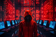 © Got Pink? - Cyber security concept. Hacker in red, standing in front of computers with red code in background scary looking, futuristic.
