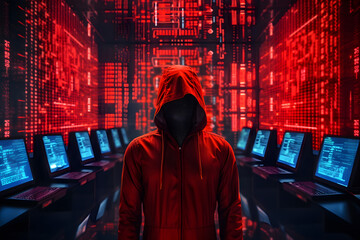 Cyber security concept. Hacker in red, standing in front of computers with red code in background scary looking, futuristic.
