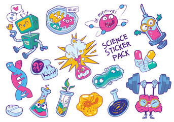 Science sticker pack. Set of funny characters for science. Friendly robot, dna molecule, bacteria in a petri dish, explosion in a test tube, insect in amber. Comics style. Colorful cartoon mascot