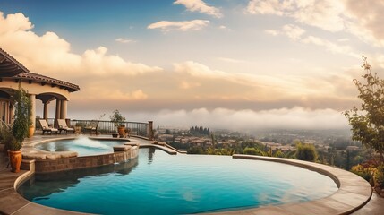 a luxury home with an outside swimming pool in southern California, atmospheric clouds in sky, sky is blue and bronze, lush scenery in background