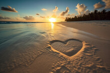 Hearts Drawn On Sand Of A Tropical Beach At Sunset. Clear Turquoise Ocean. Maldives Islands Generative AI