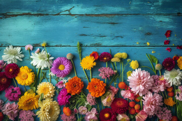 Garden flowers over blue wooden table background Generative AI