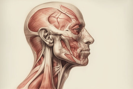 Human anatomy showing head, nose, face with muscular system visible Generative AI