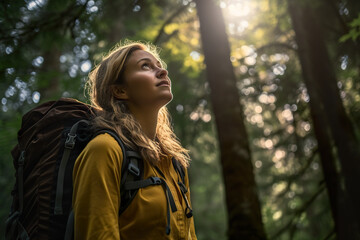 Poster - A woman with a backpack looking up into the sky. Generative AI.