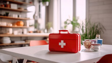 A First Aid Kit In A Red Box Is On The Table In The Kitchen. Kitchen Interior And Medicine. 