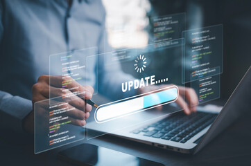 man using laptop with update software computer program upgrade business technology internet, update 