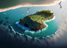Firefly Landscape, Ocean, Island Top View, Realistic Image, Birds. Generative AI