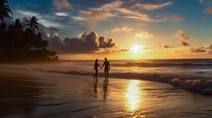 Canvas Print - Silhouettes of lovers on the beach at sunset, generative ai 