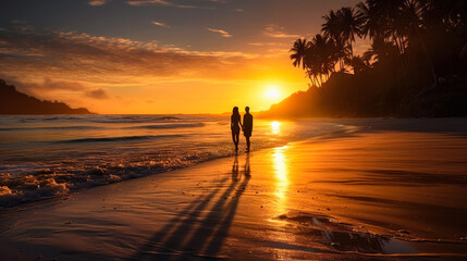 Wall Mural - Silhouettes of lovers on the beach at sunset, generative ai 