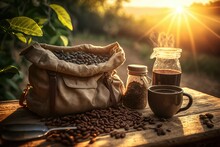 Bag Of Fresh Roasted Coffee Beans And A Steaming Cup Of Coffee. Generative AI