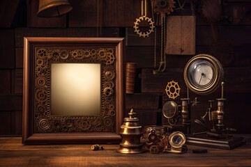 Mockup of a blank wooden photo frame with an antique light on a brown wooden table. Generative AI