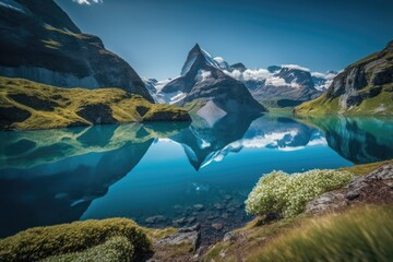 Wall Mural - serene mountain lake with lush green grassy surroundings. Generative AI