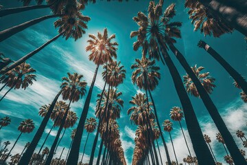 Sticker - palm trees against a blue sky background. Generative AI