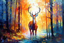 Majestic Red Deer Standing In Autumn Fall Forest Painting. AI Generative. Canvas Texture.