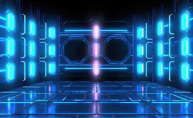 Wall Mural - Futuristic room dark blue spaceship interior with glowing neon tunnel lights