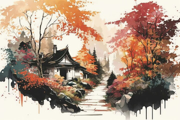 Wall Mural - Autumn trees and yellow leaves, watercolor painting, AI generated