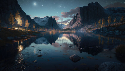 Canvas Print - The mountains and lakes under the starry sky again, AI generated