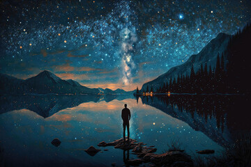 Canvas Print - A man standing by a lake under a starry sky, AI generated