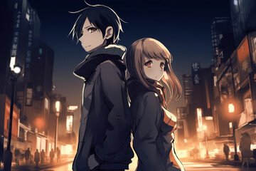 Wall Mural - Anime couple standing on the street at night. AI generated image.