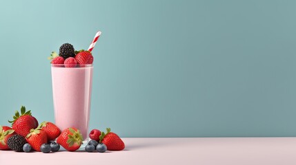 Wall Mural - delicious strawberry smoothie on blue background