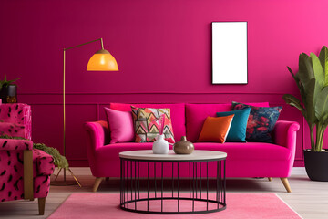 Canvas Print - vivid magenta interior designe of living room, wall and soft sofa in trendy colors. Generative AI