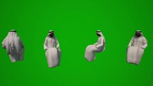 3D Several Arab Sheikhs In Different Arabic Clothes On A Green Screen Walking And Sitting And Drinking In Several Views 