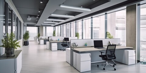 Modern office space with tables and chairs, computers, wooden plank table Generative AI AIG18.