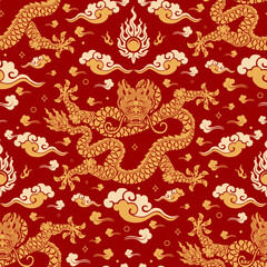 Seamless pattern happy chinese new year 2024 the dragon zodiac sign with asian elements paper cut style on color background. ( Translation : happy new year 2024 year of the dragon )