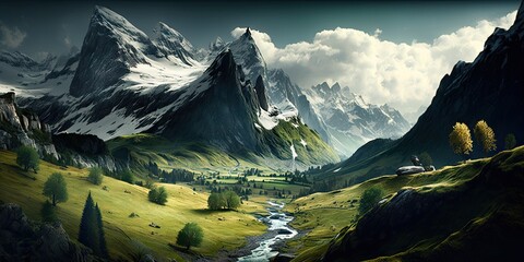 Wall Mural - Switzerland high Alps mountains clouds serene majestic. Generative AI AIG15.