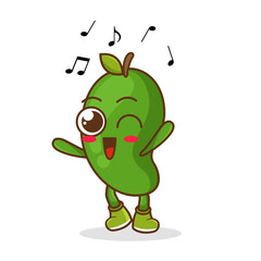 Wall Mural - green mango Fruit cartoon mascot character Listening music. Cute green mango cartoon character dances to music