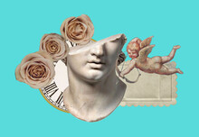 Human White Sculpture Old Paper Sea Leaf Roman Flower Contemporary Collage Artwork Isolated On Color