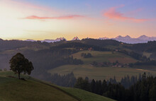 Green Rolling Hills And Forest In The Autumn Mist At Dawn, Sumiswald, Emmental, Canton Of Bern, Switzerland