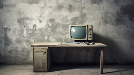 old and obsolete computer on old wood table with concrete wall background. Generative Ai