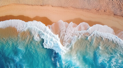 Wall Mural - Aerial view of beach waves and fantastic sand beach, summer vacation holidays background, Generative AI Technology 