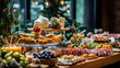 Beautifully decorated catering banquet table with different food snacks and appetizers on corporate christmas birthday party event or wedding celebration. Generative Ai