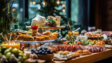 Fototapeta  - Beautifully decorated catering banquet table with different food snacks and appetizers on corporate christmas birthday party event or wedding celebration. Generative Ai