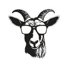 Goat Wearing Sunglasses, Vintage Logo Line Art Concept Black And White Color, Hand Drawn Illustration