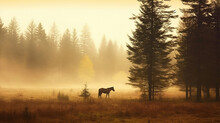 Autumn Foggy Landscape. Silhouette Of A Horse Grazing In A Clear