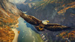 Big eagle is soaring over canyon and river, generative ai