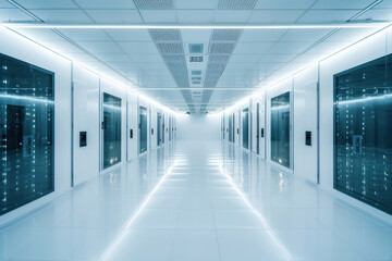 A large modern white server room. Bright interior view on the theme of technology.