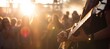 Guitar player on concert crowd people silhouettes background. Generative AI technology.	