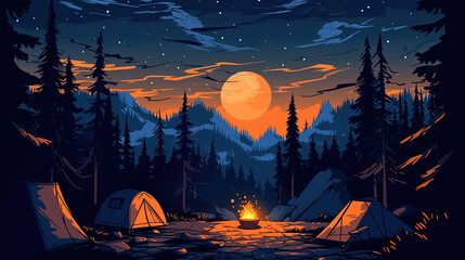 Sticker - A illustration of cartoon camping. Summer nature scene