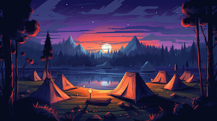 Sticker - A illustration of cartoon camping. Summer nature scene