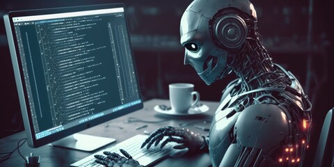 Wall Mural - artificial intelligence robot using computer software for gpt binary coding. distinct generative ai 